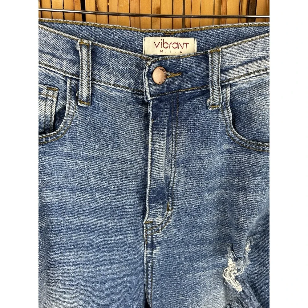 Vibrant MIU Jeans Women Size 11 Distressed High Waist Blue Straight Leg‎ 29x32 - Picture 3 of 16